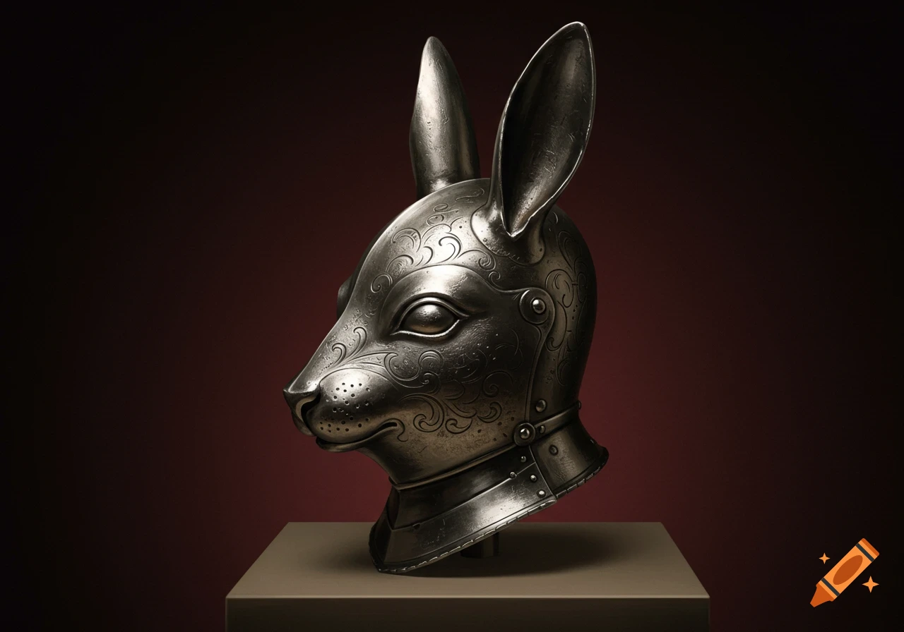 A detailed metallic rabbit-shaped helmet in a medieval European style, featuring intricate engravings, displayed on a pedestal.