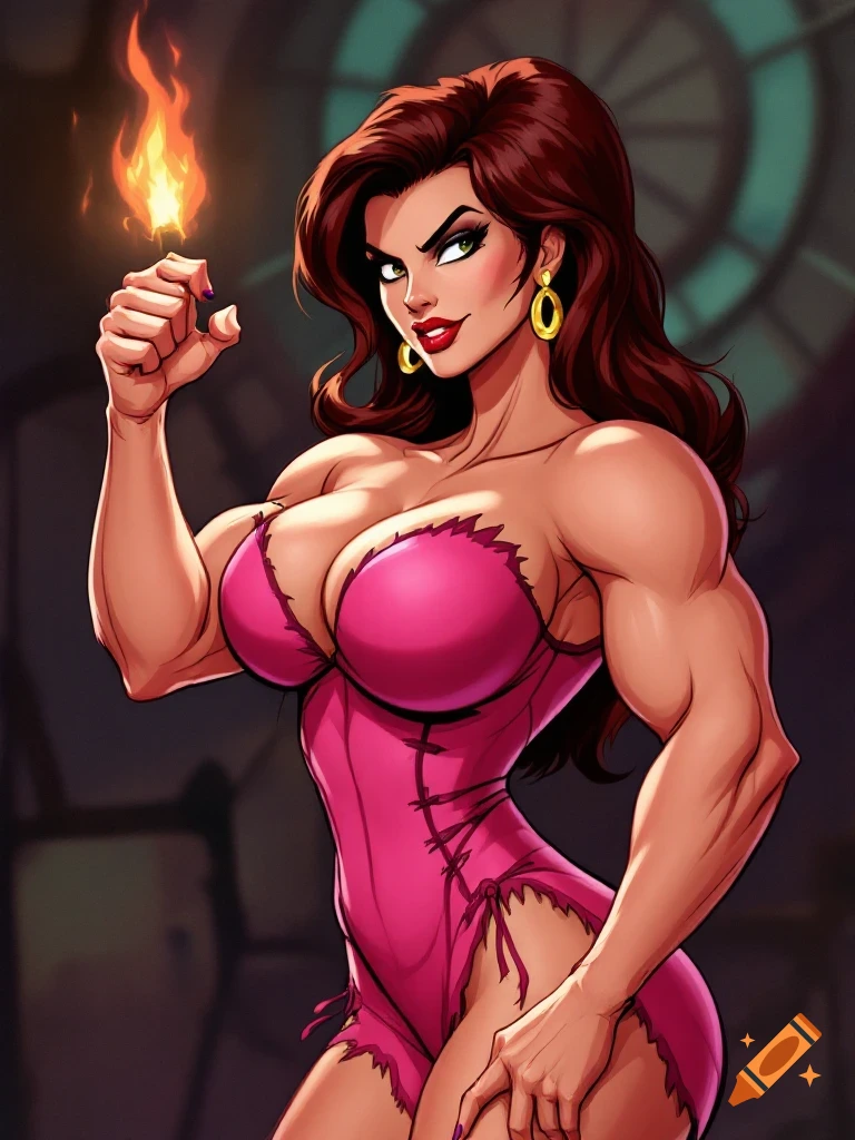 A muscular woman with brown hair and ruby red lips, wearing a pink lingerie-like outfit, flexes one arm with a flame above her fingers, in a comic book style.