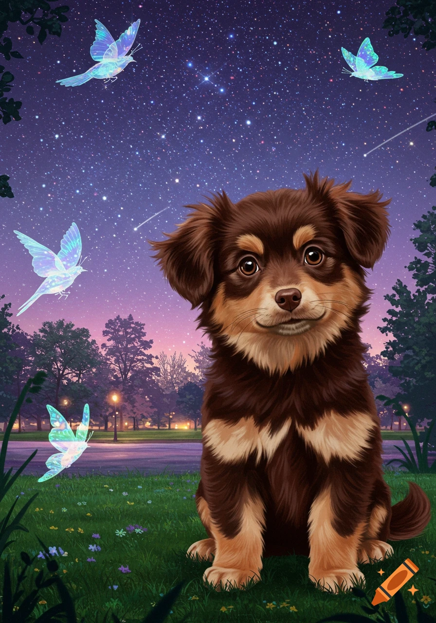 A brown and tan puppy sits in green grass with glowing blue butterflies under a starry, purple-pink sky.
