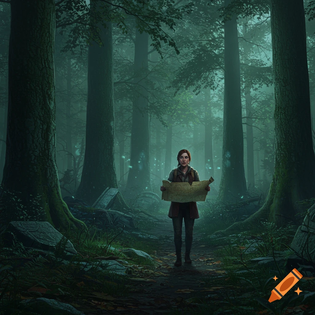 A young woman with a map stands in a dark, mystical forest with tall trees, ancient ruins, and faint glowing lights.