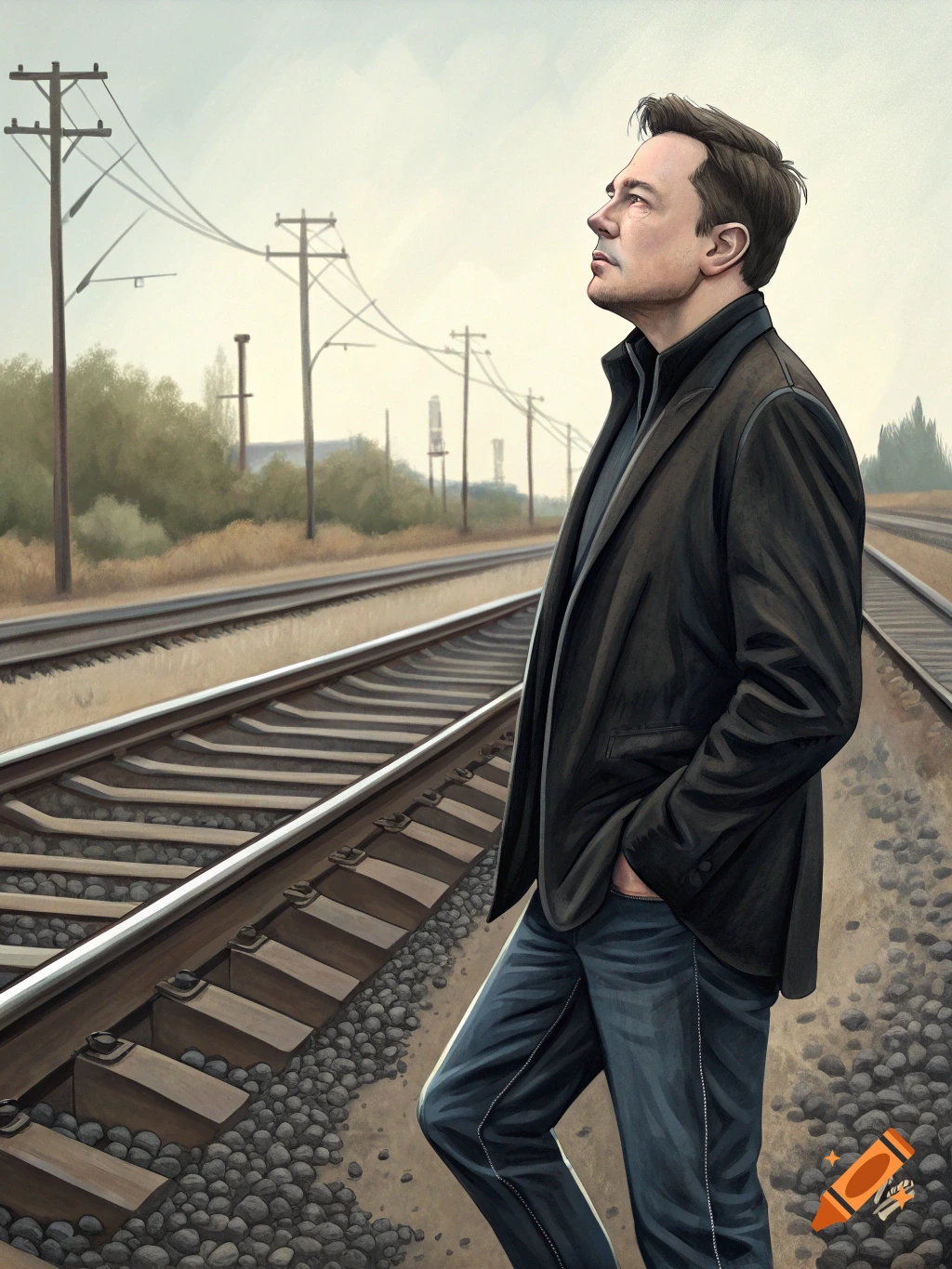 Illustrated portrait of Elon Musk standing beside train tracks, looking up.