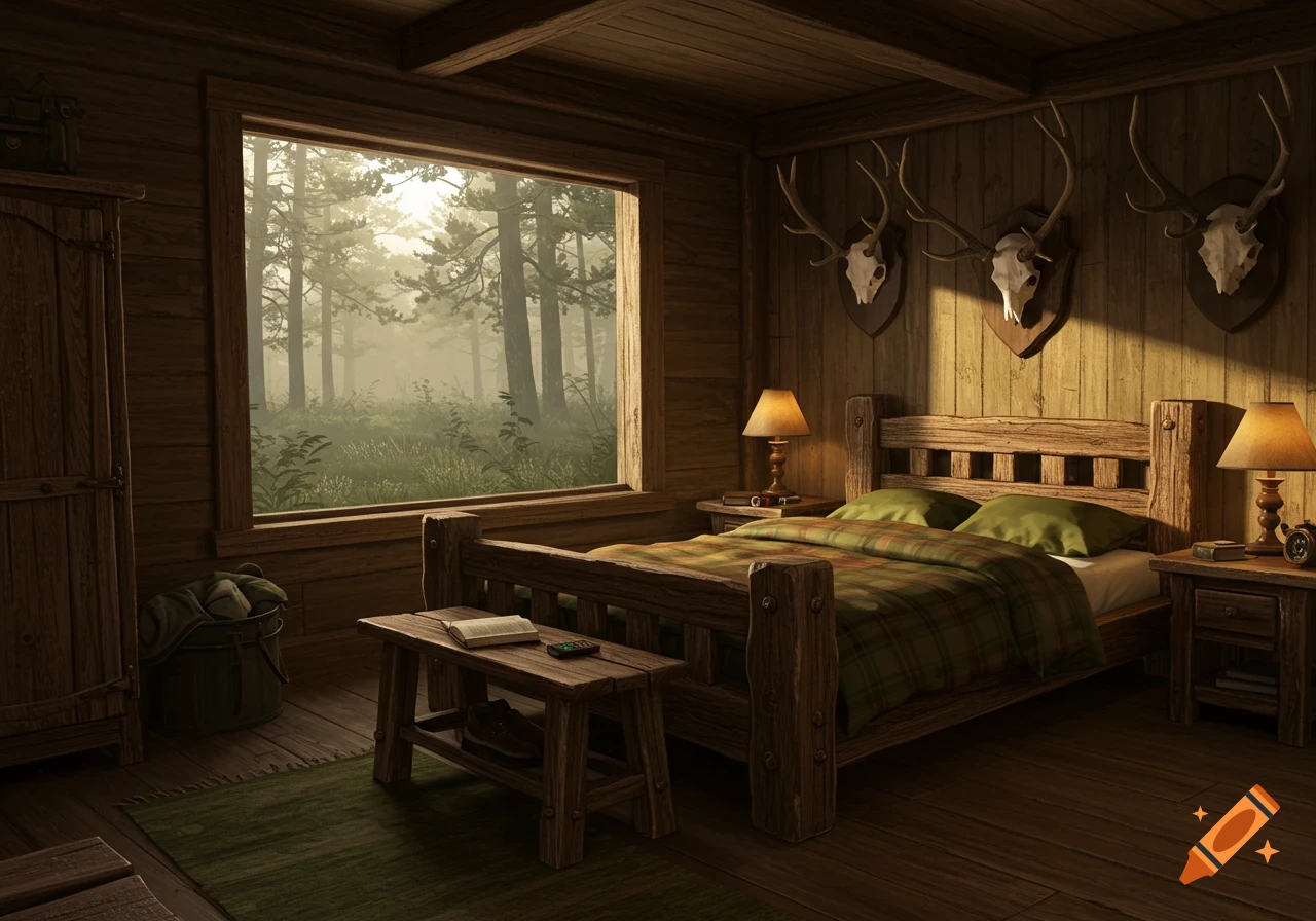 A rustic hunting-themed bedroom with wooden furniture, plaid bedding, deer antlers on the wall, and a large window overlooking a misty forest.