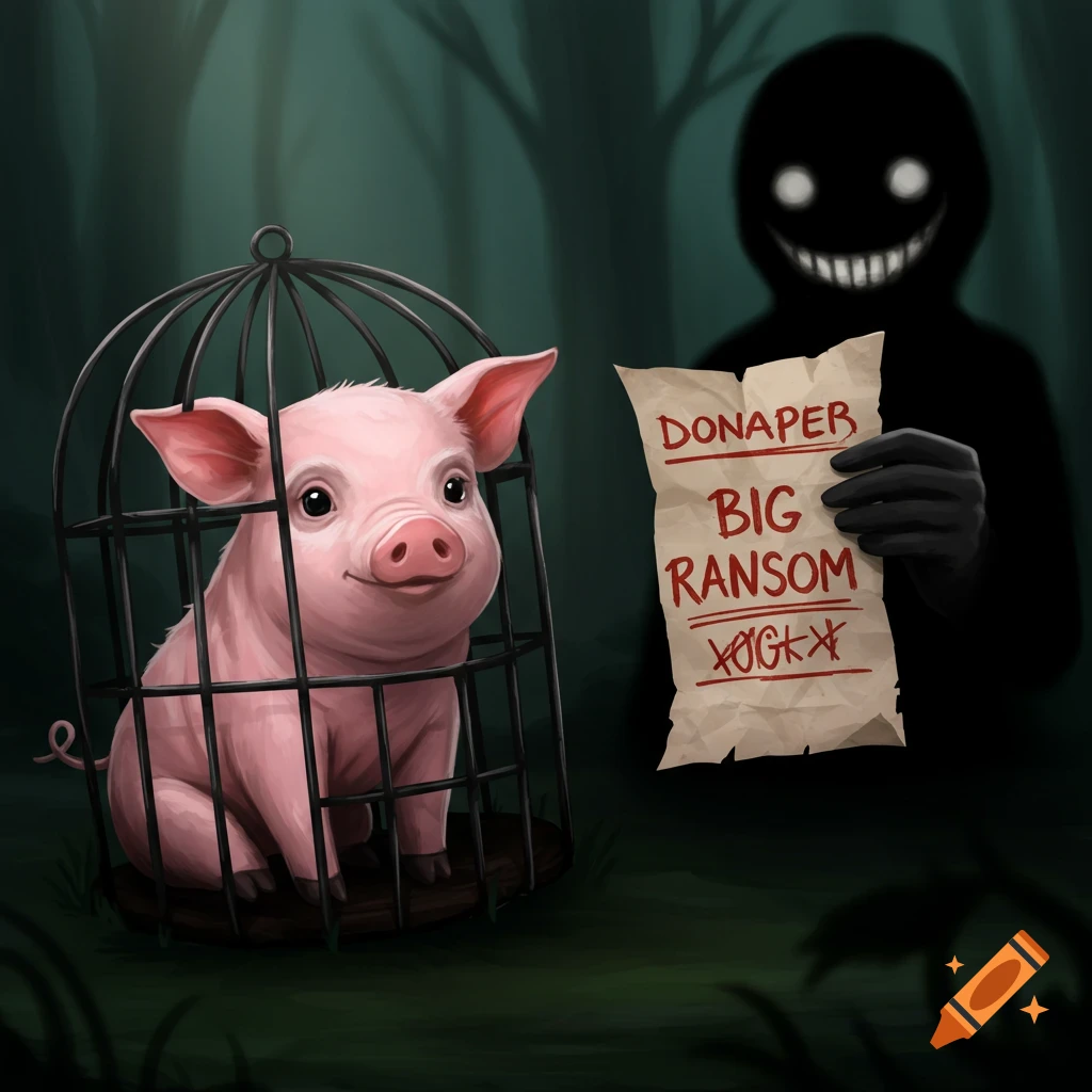 A cute pink piglet in a cage looks forward, while a shadowy figure with a large smile holds a ransom note that reads "BIG RANSOM" in a dark forest.