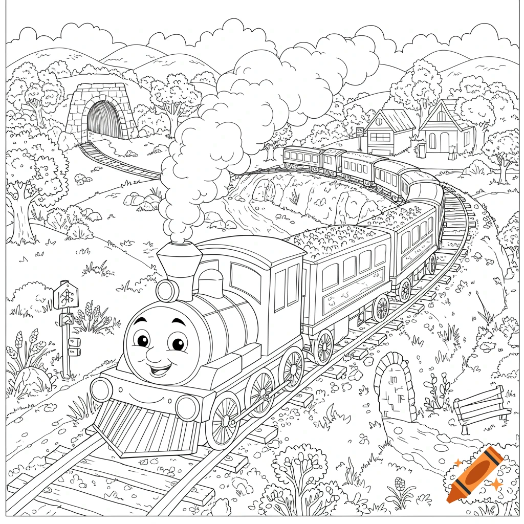 A line art drawing of a friendly-faced train on a track, passing hills, trees, and houses, for a coloring page.