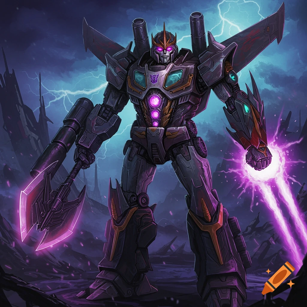 A powerful grey and purple robot with a glowing axe and energy blasts from its hand stands amidst a stormy, rocky landscape with lightning.