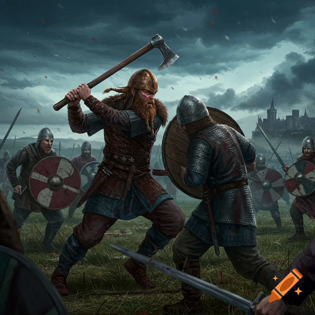 A Viking warrior with an axe battles another warrior with a shield on a battlefield with a castle in the background under a cloudy sky. Stylized.