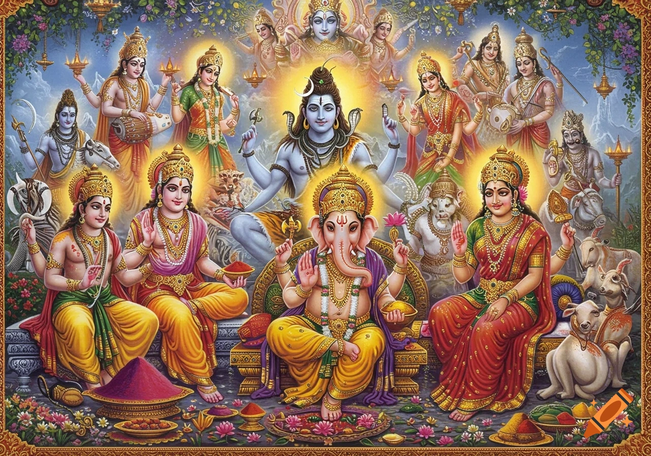 Vibrant traditional Hindu devotional art showing many gods and goddesses, including Shiva, Ganesha, and Lakshmi, surrounded by flowers and offerings.