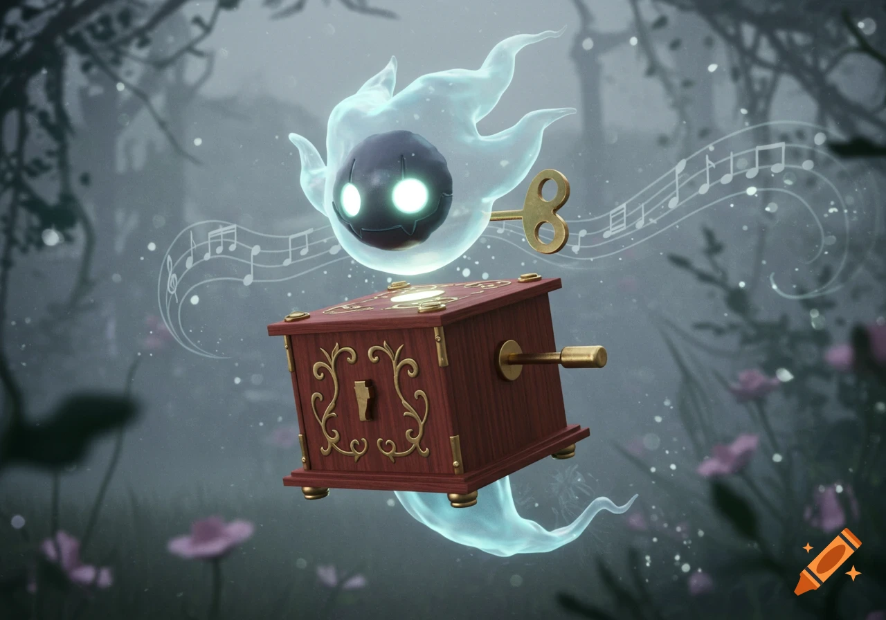 A cute black ghost with glowing eyes and a key on its head floats above a decorative wooden music box, surrounded by musical notes in a mystical forest.