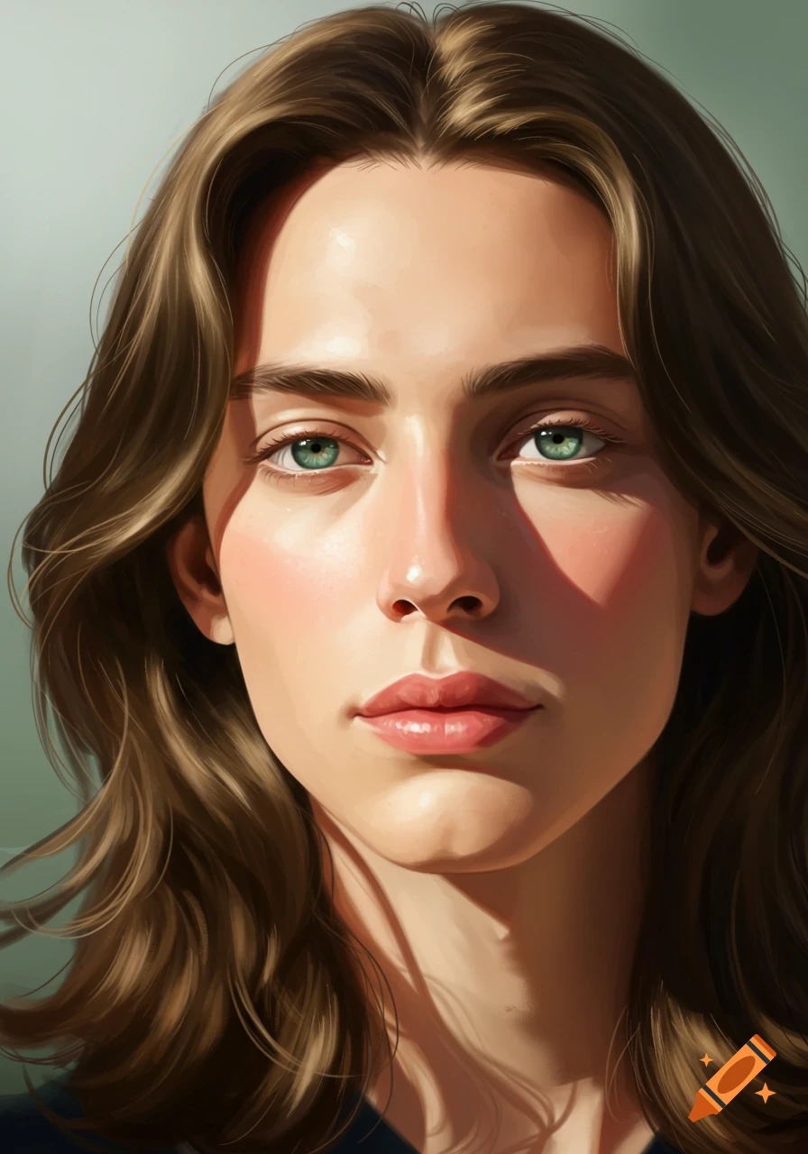 Close-up portrait of a person with brown hair and green eyes, illuminated by strong directional light.