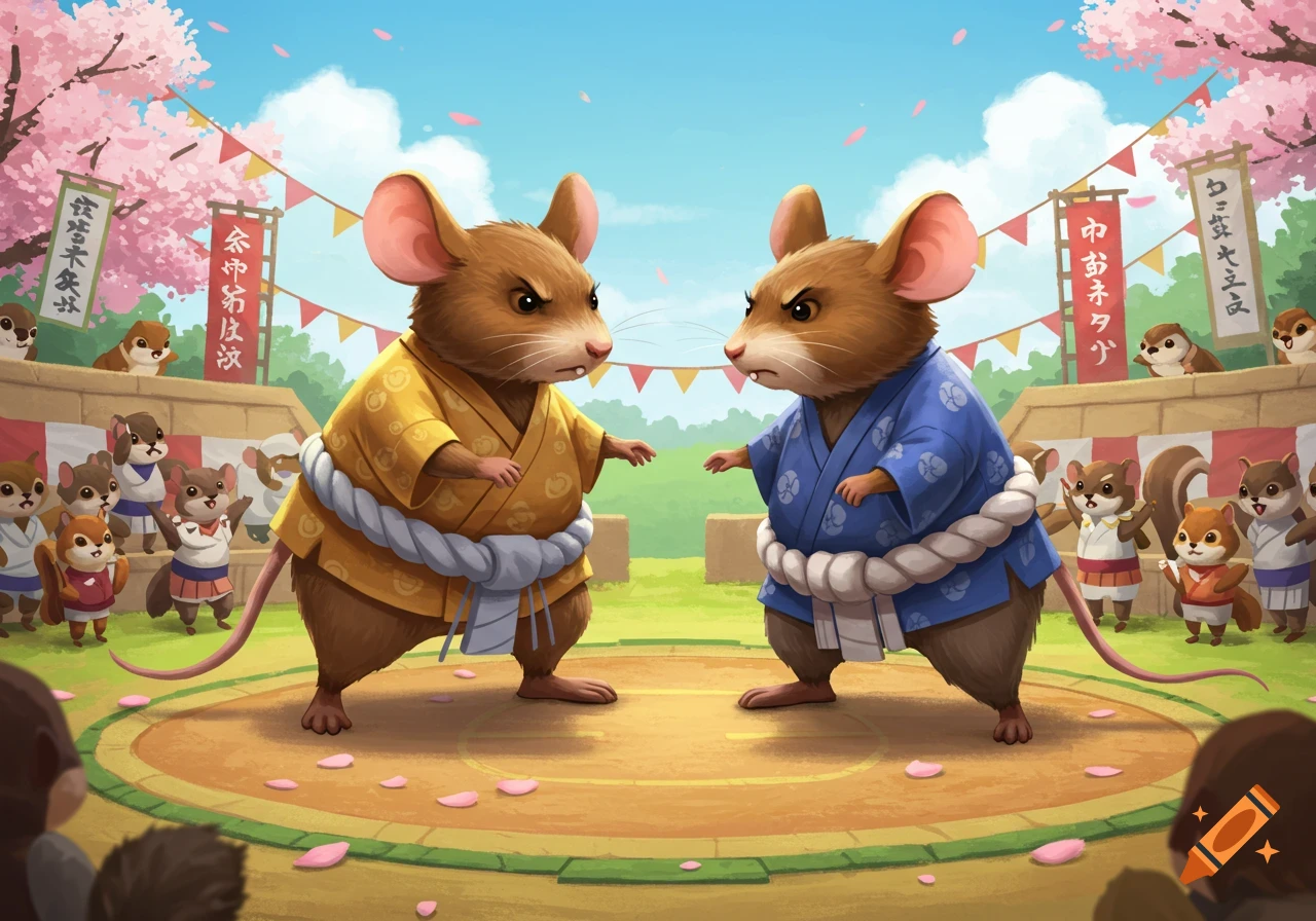Two cartoon mice in sumo wrestling attire face off in a ring, surrounded by cheering mouse spectators under cherry blossom trees.