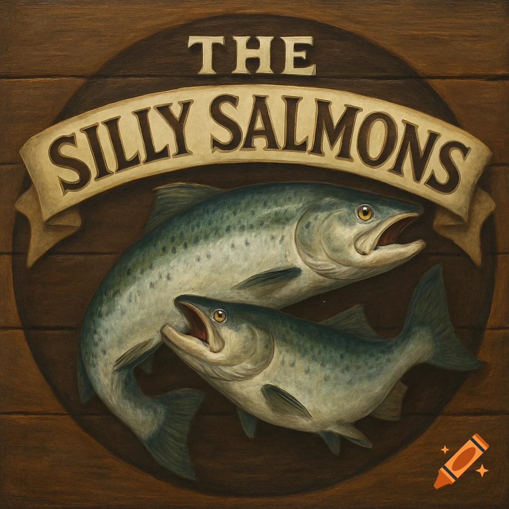 A realistic logo with two salmon on a wooden plank background, featuring a banner that reads "THE SILLY SALMONS".