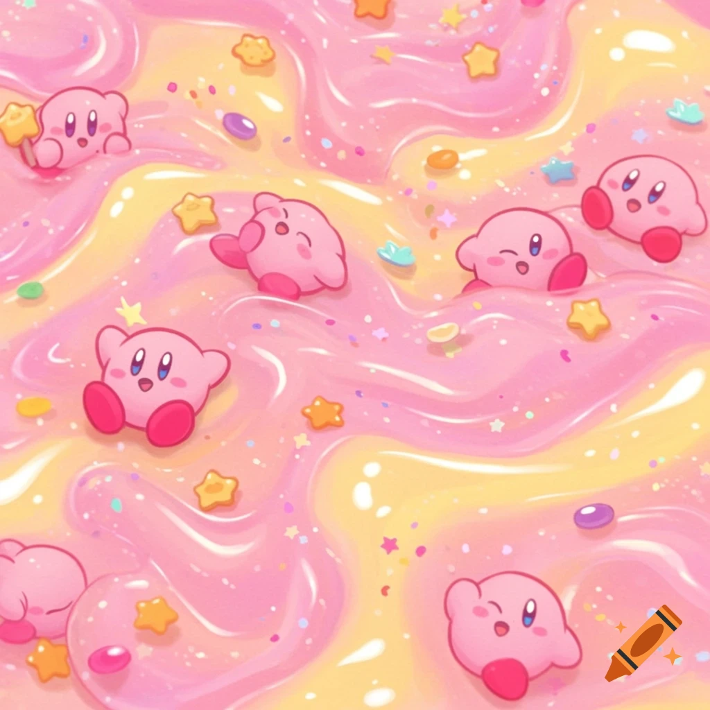 Cute pink Kirby characters floating in a wavy, glistening pink and yellow slime with colorful glitter and stars.
