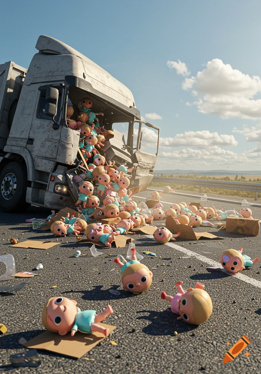 A photorealistic image of a truck on its side, spilling many baby dolls and broken packaging onto a paved road. The sky is blue with clouds.