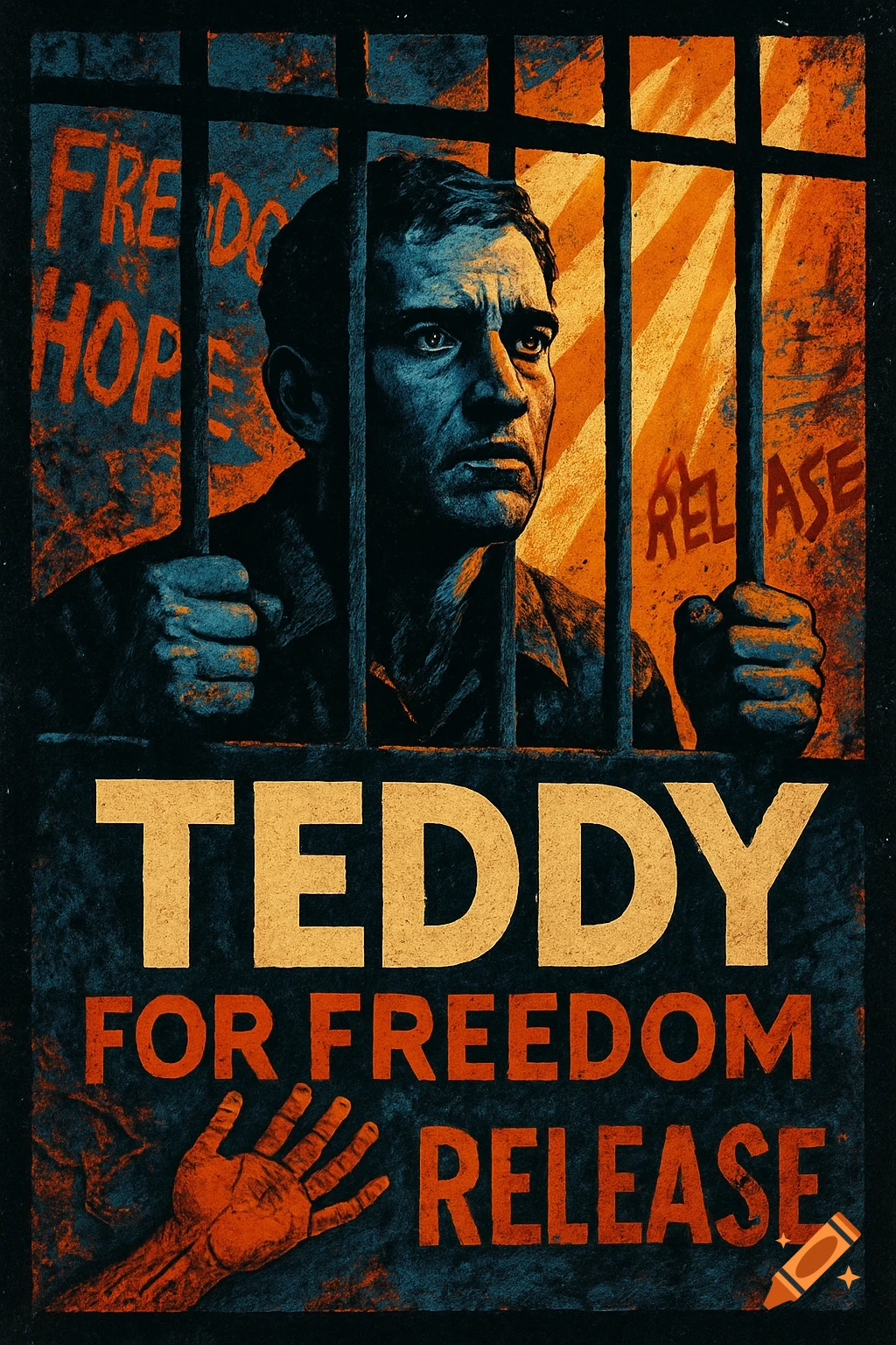 A man behind jail bars in a grunge protest poster. Text includes 'TEDDY', 'FOR FREEDOM', and 'RELEASE'.