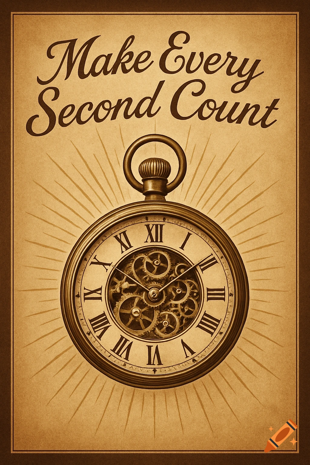 Vintage sepia-toned poster with "Make Every Second Count" above a detailed pocket watch.