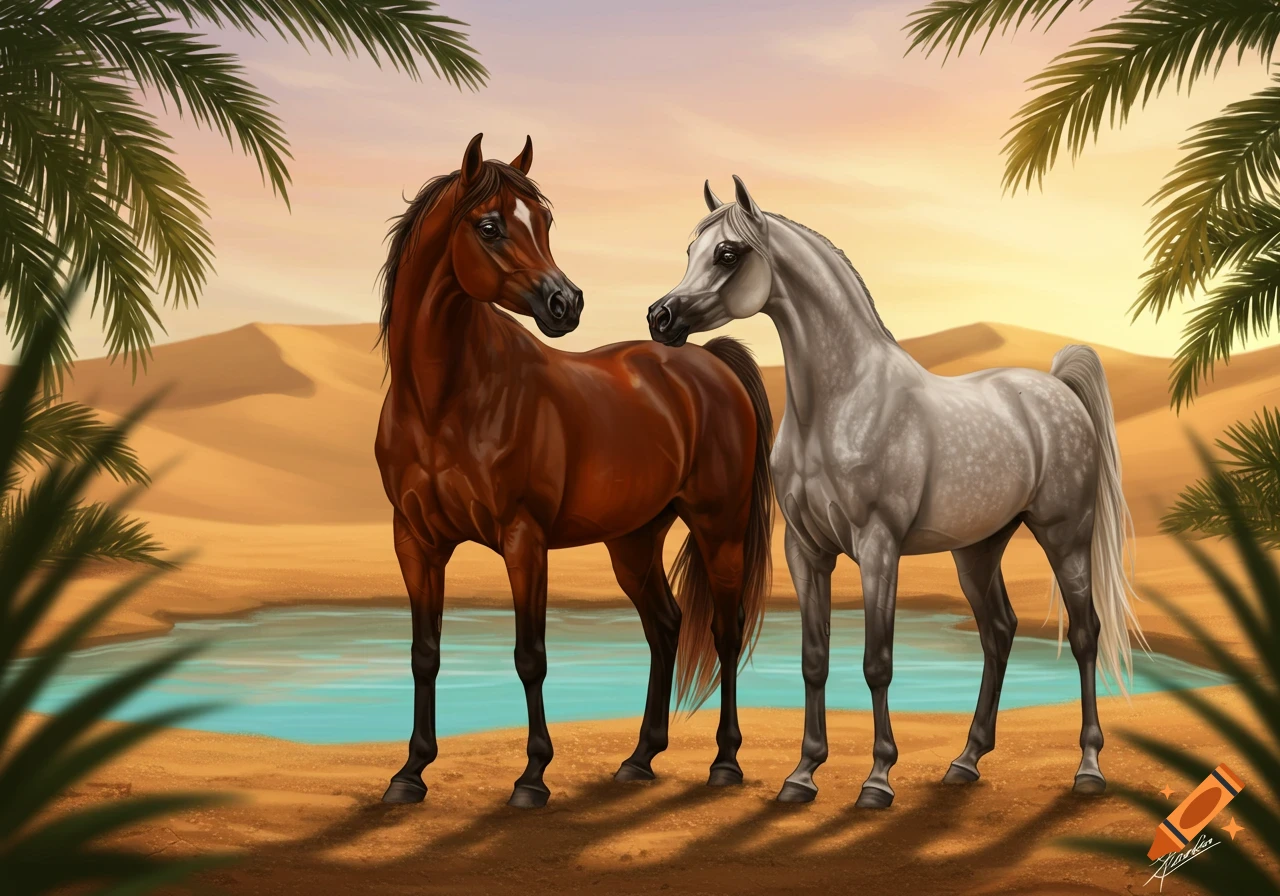 Two Arabian horses, one brown and one grey, standing by an oasis in a desert landscape with palm trees, in a digital painting style.