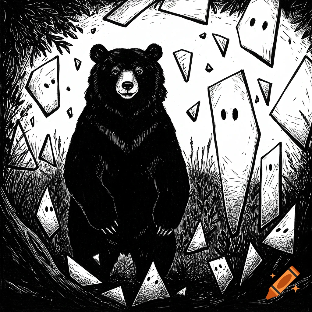 A black bear stands in a clearing, surrounded by geometric, ghost-like shards in a high-contrast black and white woodcut illustration.