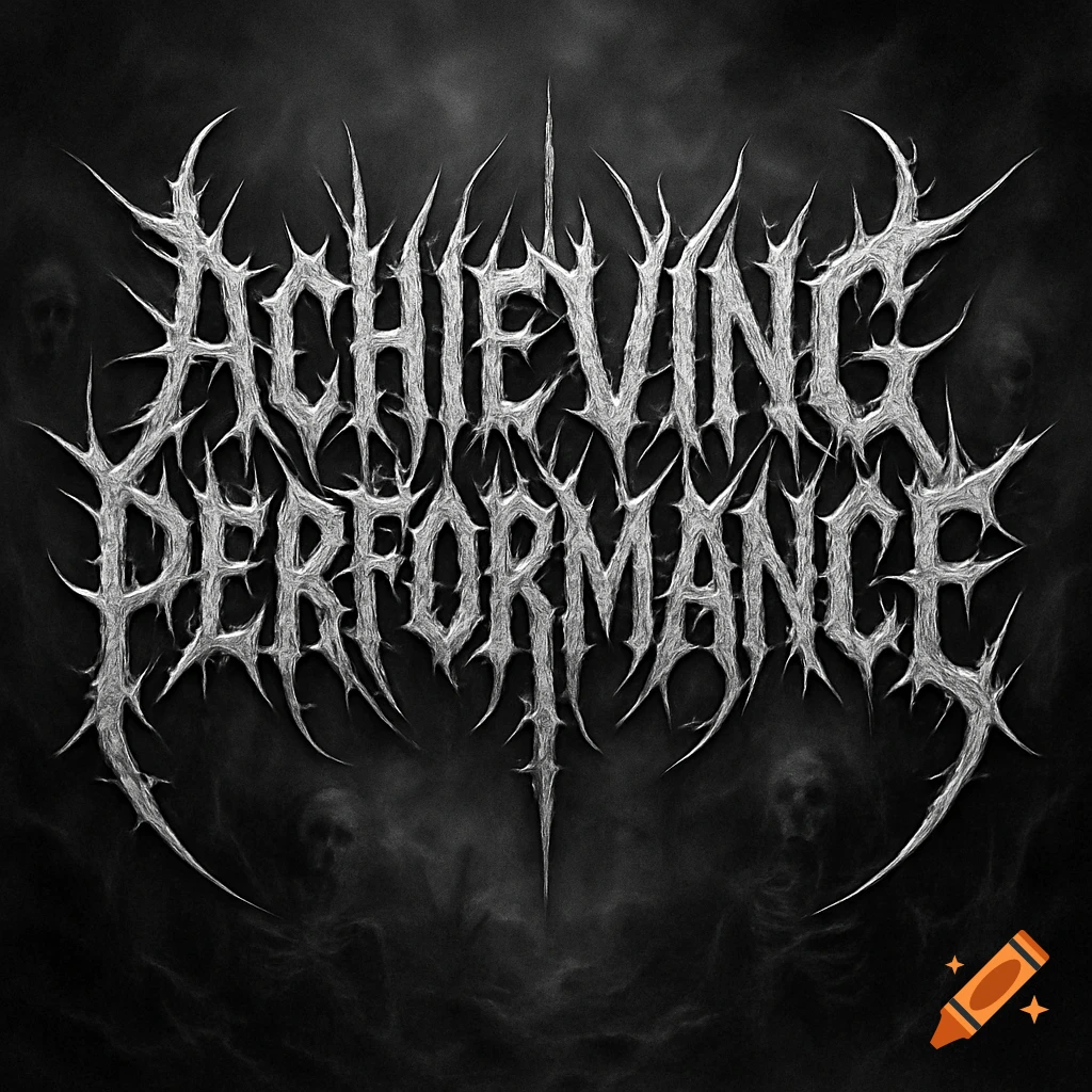 A black and white death metal style logo with thorny, spiky letters spelling 'ACHIEVING PERFORMANCE' on a dark, smoky background with faint skull figures.