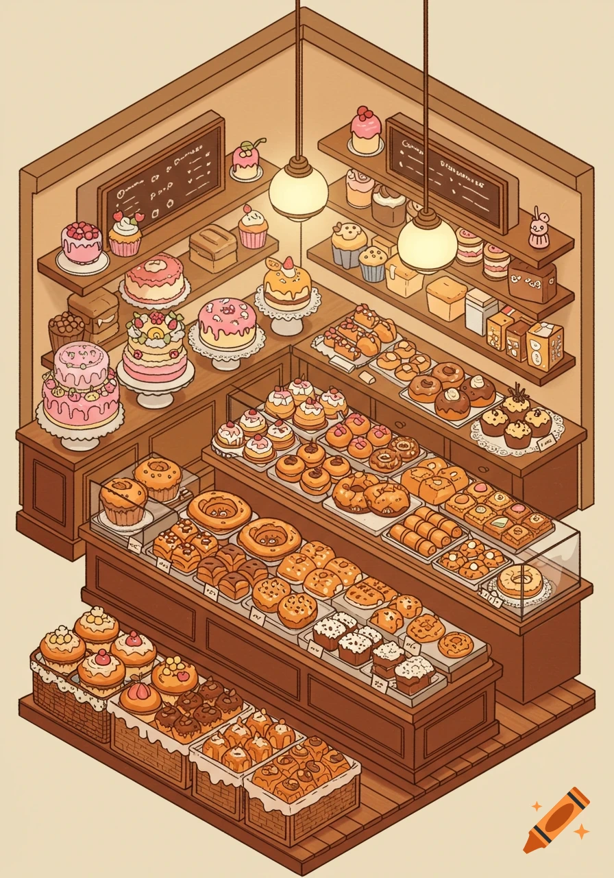 An isometric drawing of a cute bakery interior filled with display cases of various breads, cakes, muffins, and pastries.