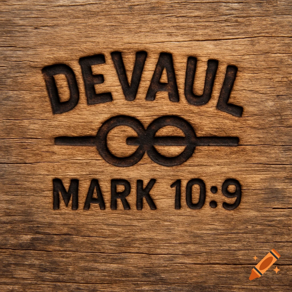 Ranch brand 'DEVAUL' and Bible verse 'MARK 10:9' carved into a rustic wooden surface.