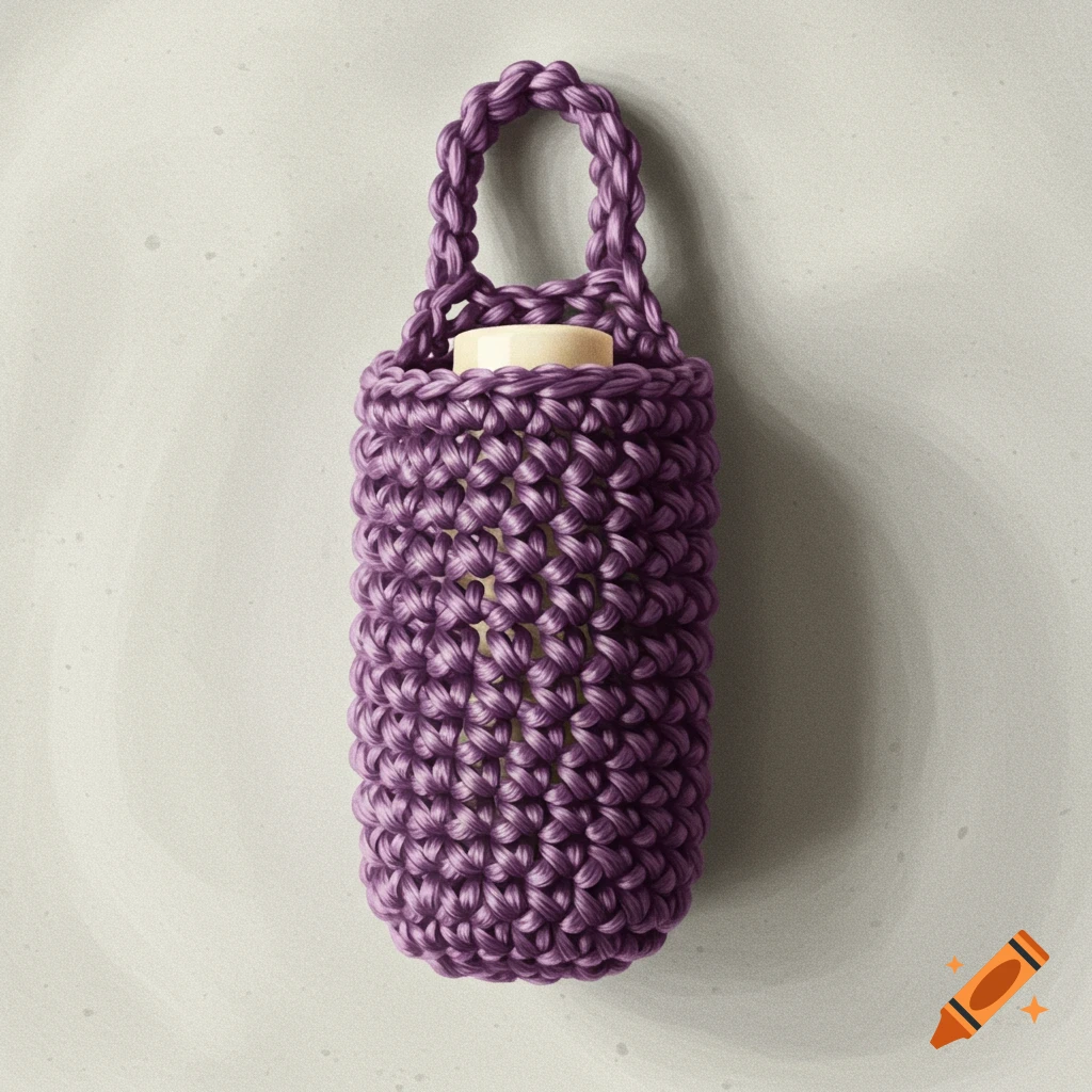 A close-up shot of a tube-shaped purple crocheted lip balm holder with a braided loop handle, set against a light, textured background.