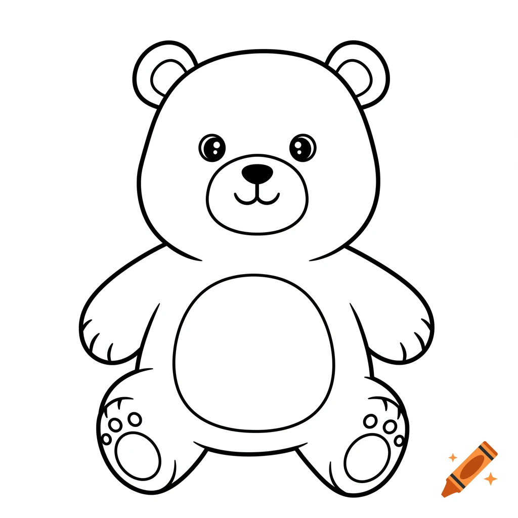 A simple black and white line drawing of a cute cartoon bear with a smiling face, suitable for a coloring page.