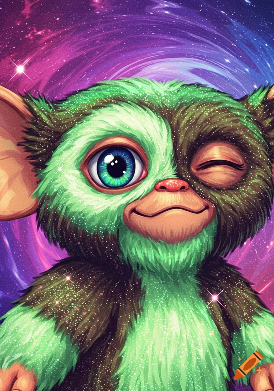 A close-up of a green and brown furry gremlin-like creature winking against a vibrant galaxy background.