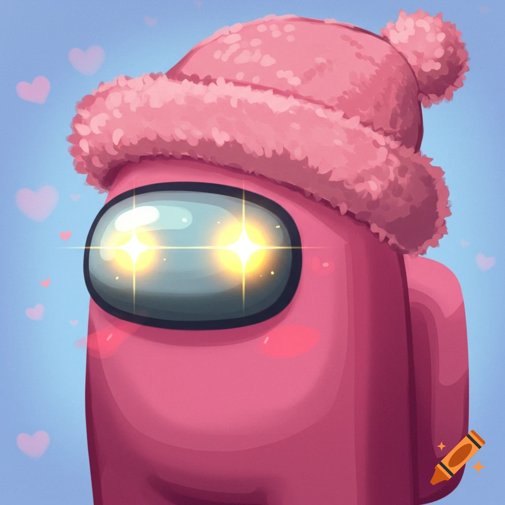 Pink Among Us character wearing a fluffy pink hat with sparkling eyes and hearts in the background, cartoon style.
