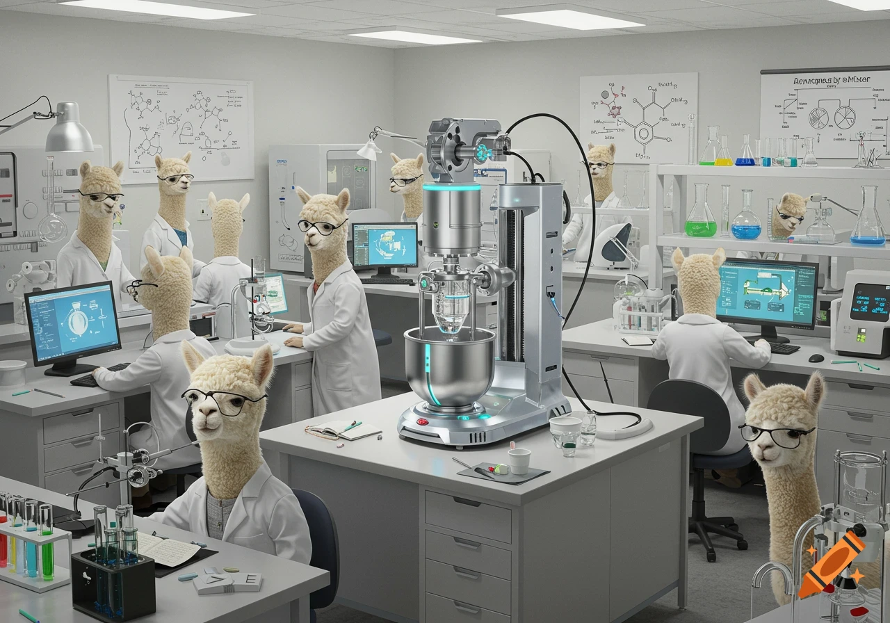 Alpacas in lab coats work in a detailed science laboratory with a large ...