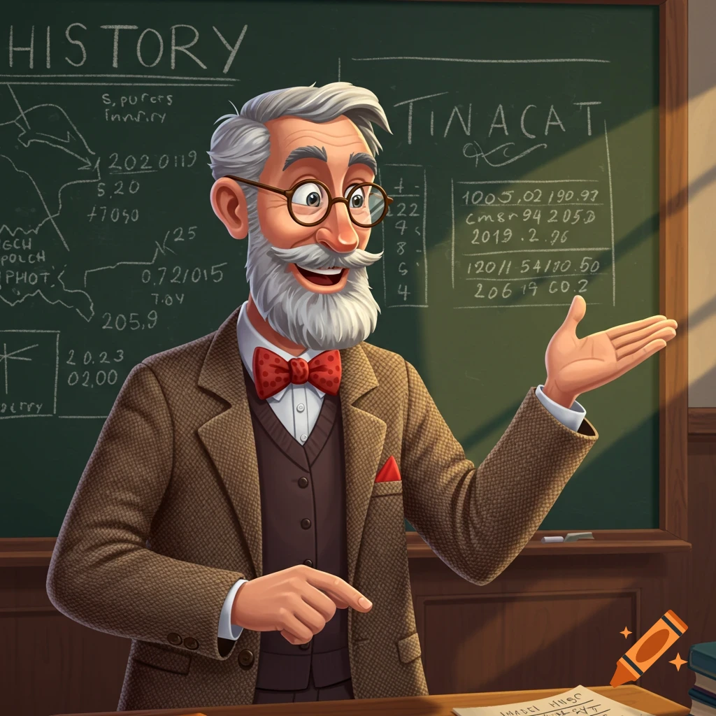 A smiling cartoon history teacher with a grey beard and glasses, wearing a suit and bow tie, stands in front of a blackboard.