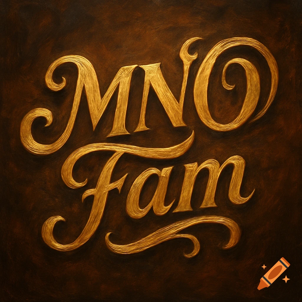 Golden textured typography spelling 'MNO Fam' on a dark brown background.