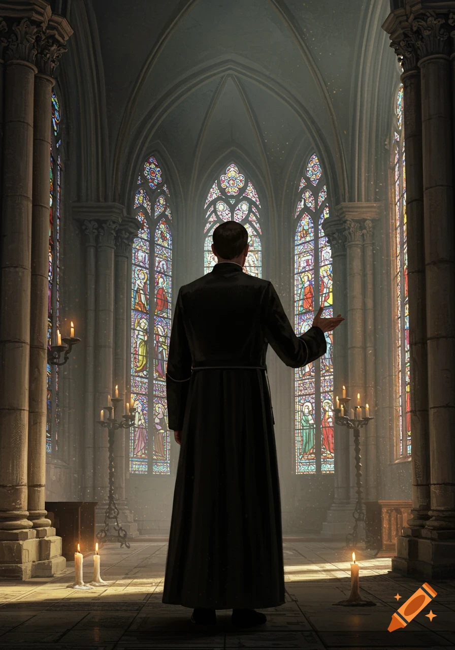 A priest stands in a grand church, viewed from behind, facing colorful stained glass windows with light streaming through.