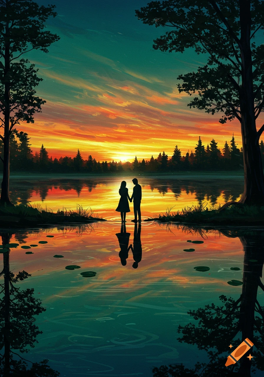 A silhouetted couple stands in a lake at sunset, with colorful reflections and trees on the horizon in an illustrative style.