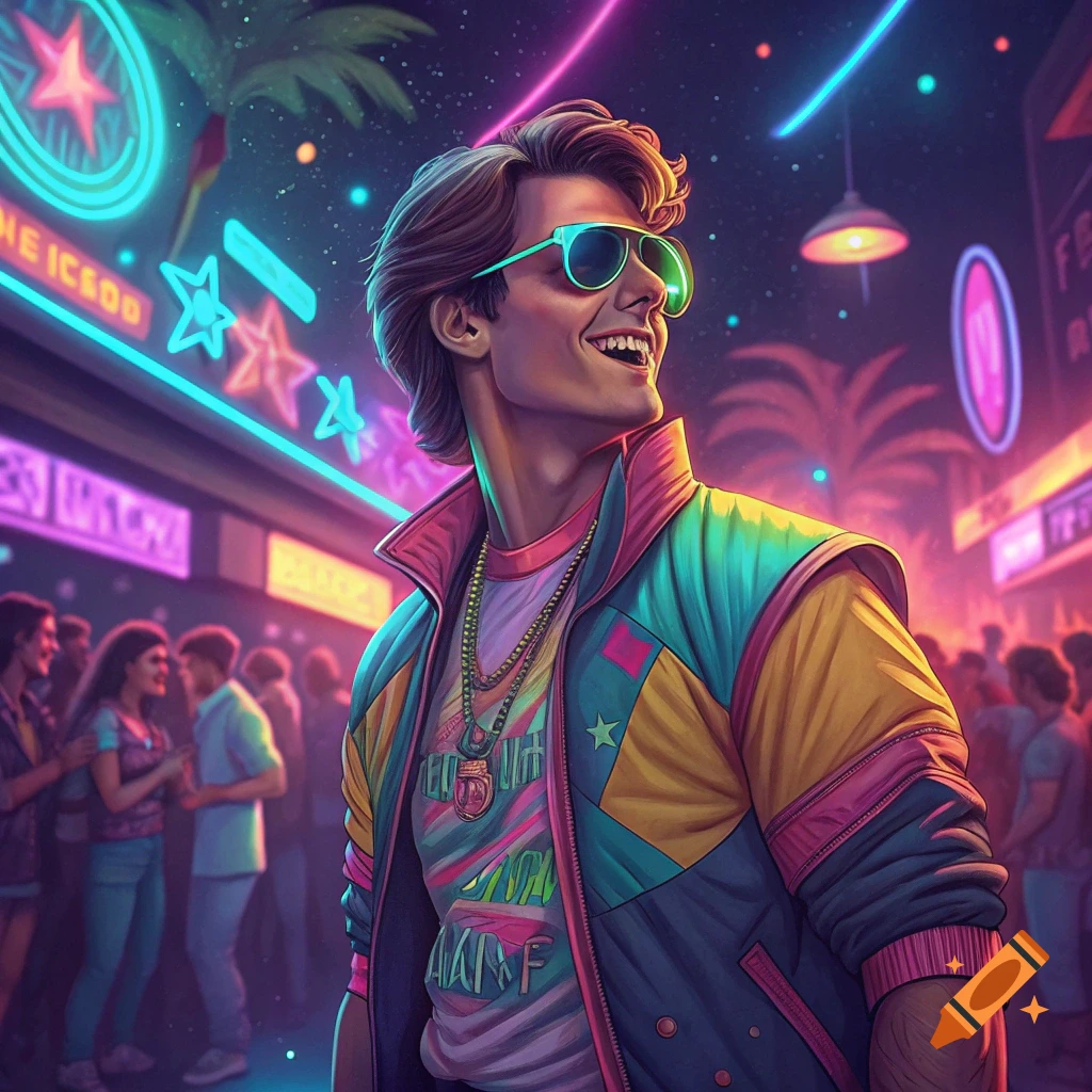 A man in a colorful 80s-style jacket and sunglasses smiles at a neon-lit rave.