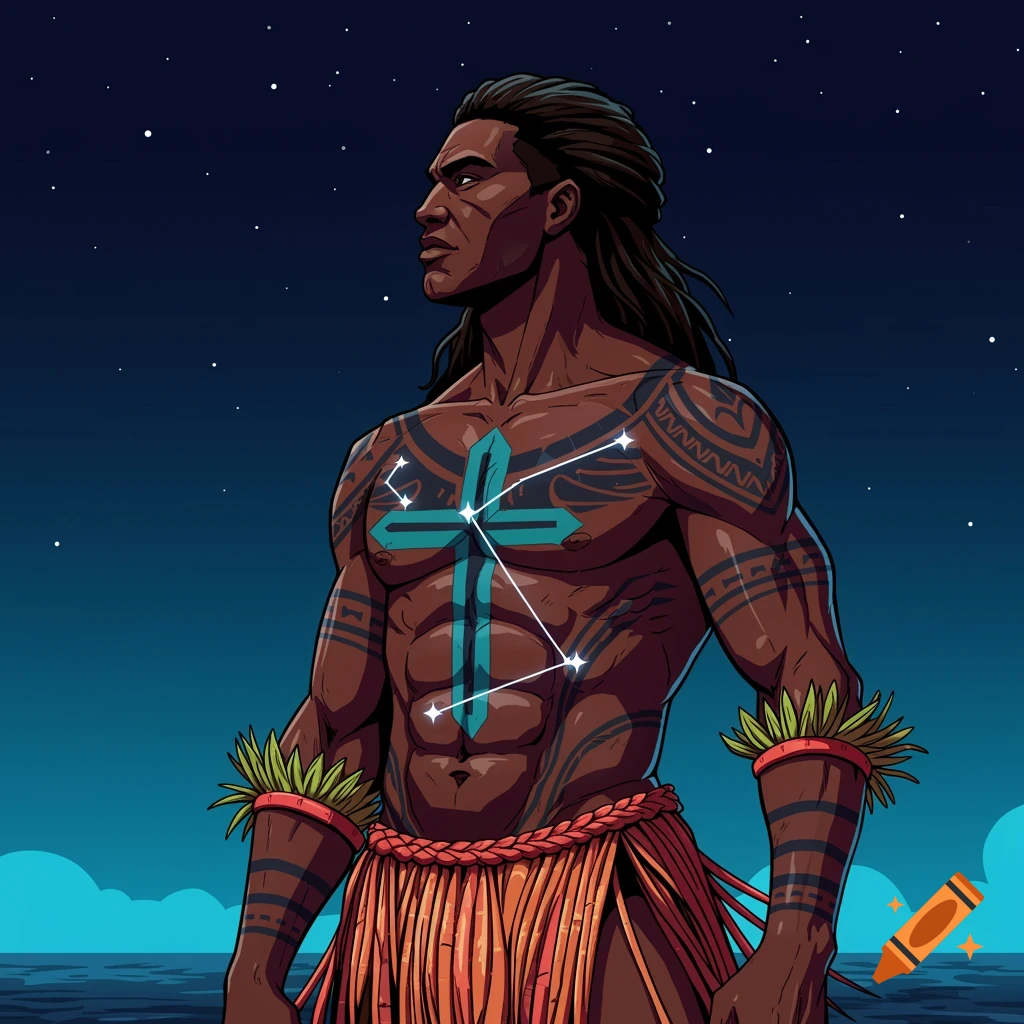Illustration of a muscular South Pacific warrior with dreadlocks, tattoos, and the Southern Cross constellation on his chest under a starry sky.
