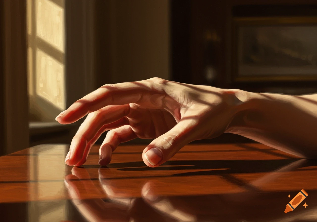 A photorealistic close-up of a human hand resting on a polished wooden table, illuminated by sunlight casting window shadows.