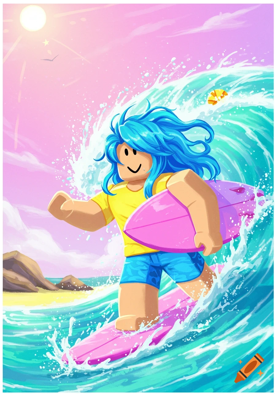 A cartoon Roblox avatar with blue hair surfs a pink board on a large wave at a sunny beach.