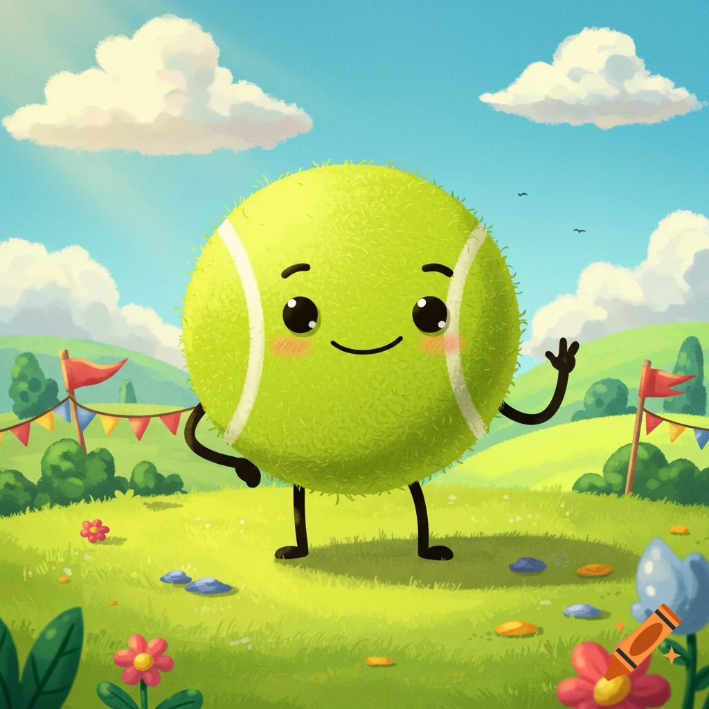 A cute, smiling cartoon tennis ball character with small arms and legs waves in a vibrant green field under a blue sky with fluffy clouds. Colorful flags and flowers dot the landscape.