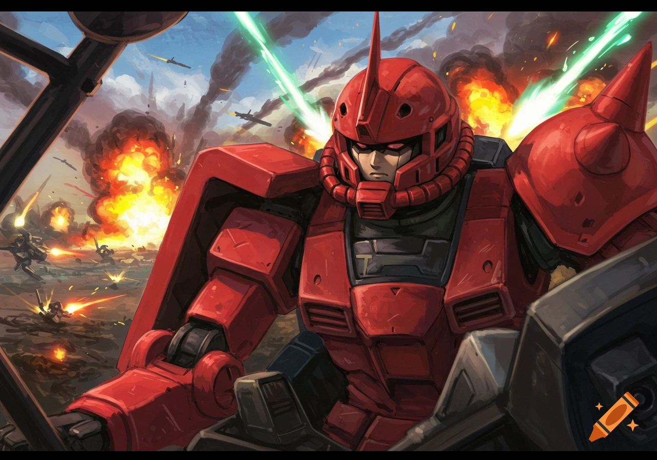 A red mech with a single horn on its head stands amidst a fiery battle with explosions and laser beams, in an anime style.