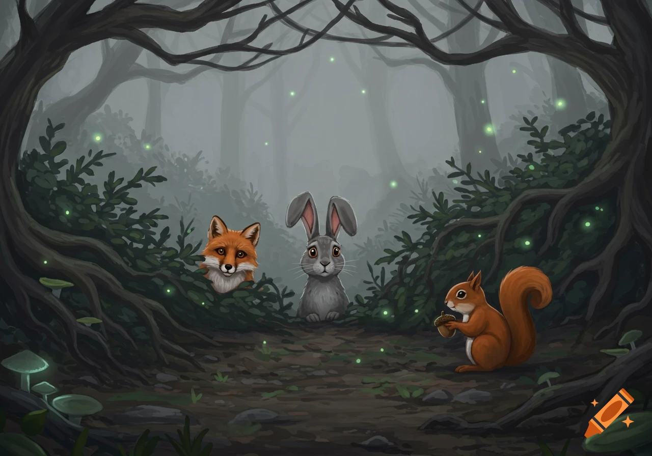 An illustration of a fox, rabbit, and squirrel in a misty, dark forest with glowing green lights.