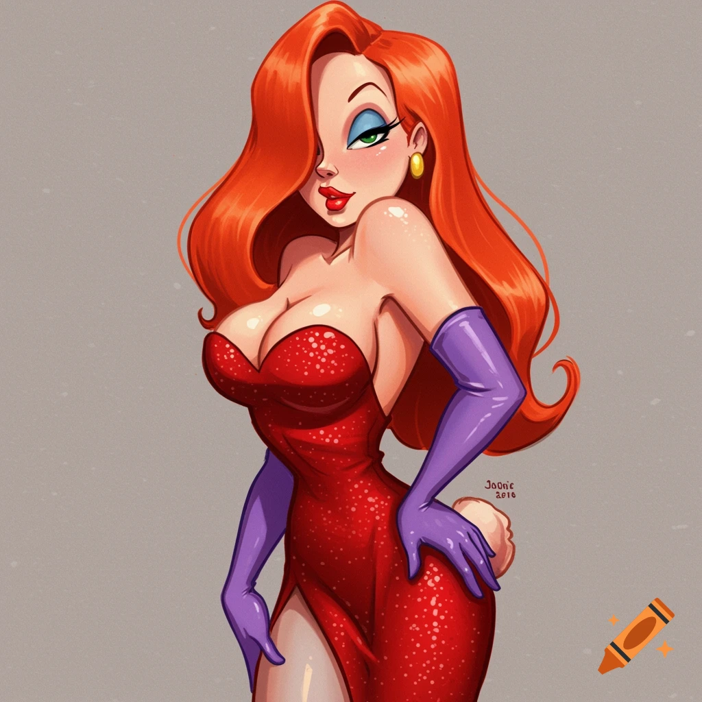 An illustration of Jessica Rabbit in a red dress and purple gloves.