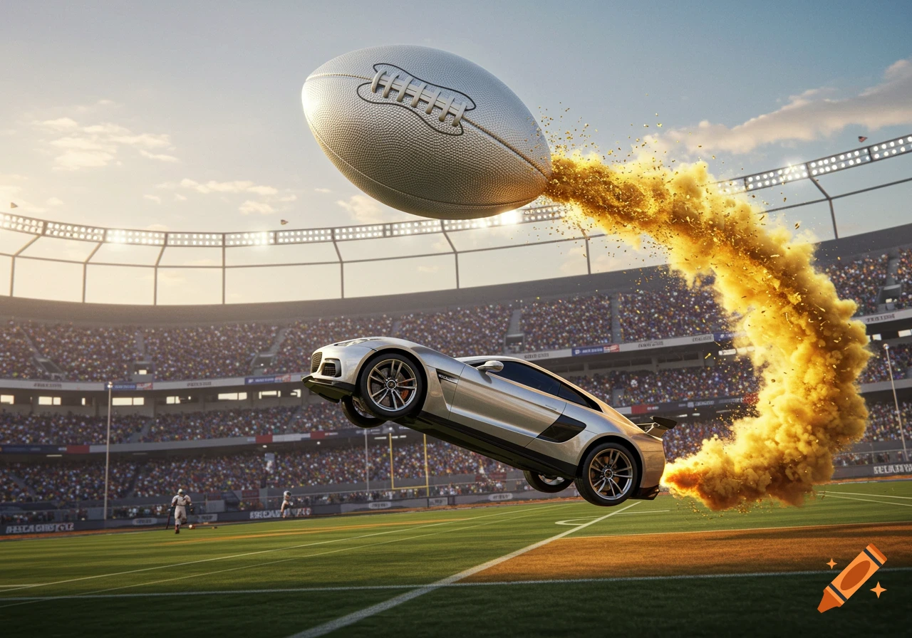 A silver sports car flies through the air, hitting a football that emits a trail of gold smoke over a packed stadium field.