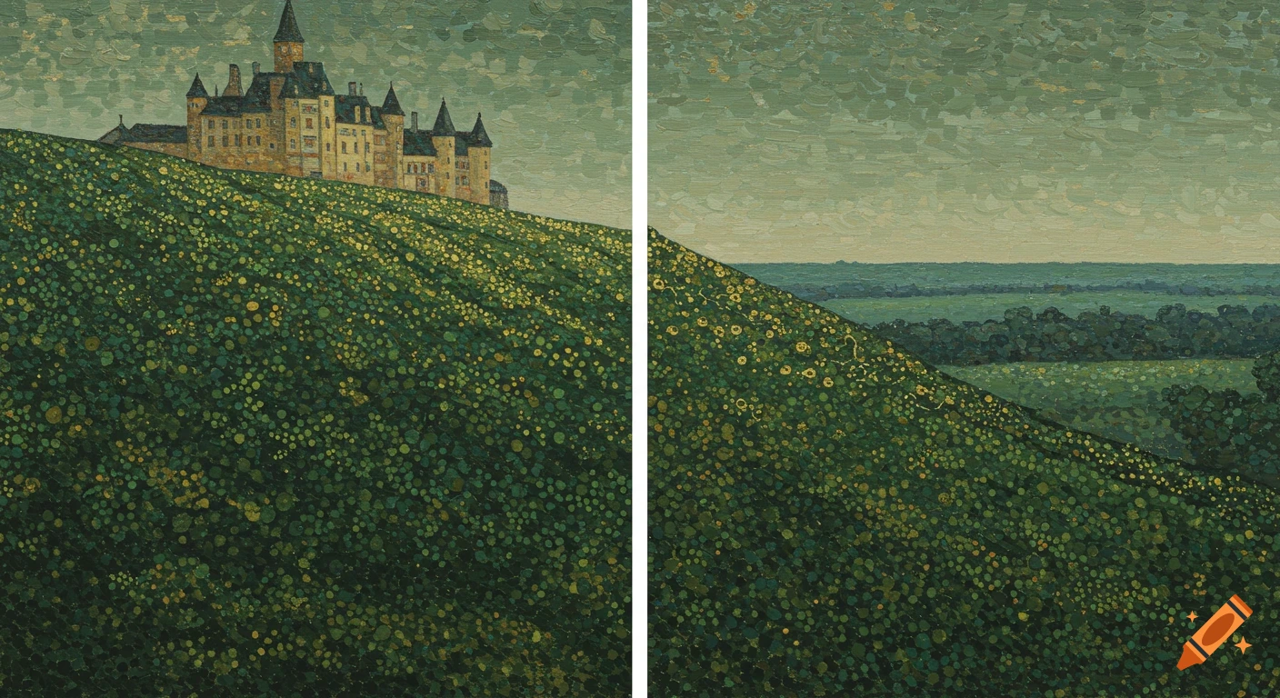 Diptych painting of a castle on a lush, dotted green hillside, overlooking a distant landscape under a muted sky, in a pointillist style.