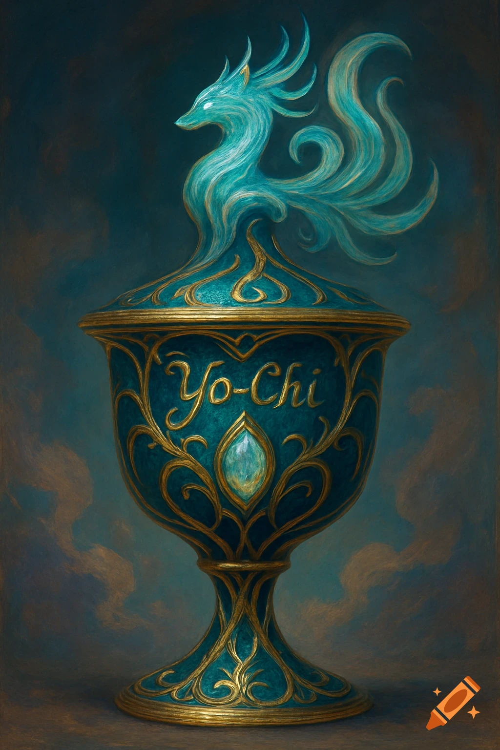 An ornate teal and gold cup featuring a glowing, stylized aqua fox or dragon creature on its lid and the word 'Yo-Chi' on its body.