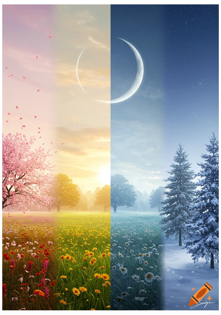 A split image depicting the four seasons, from spring with pink blossoms and flowers to snowy winter trees, under a unifying crescent moon.