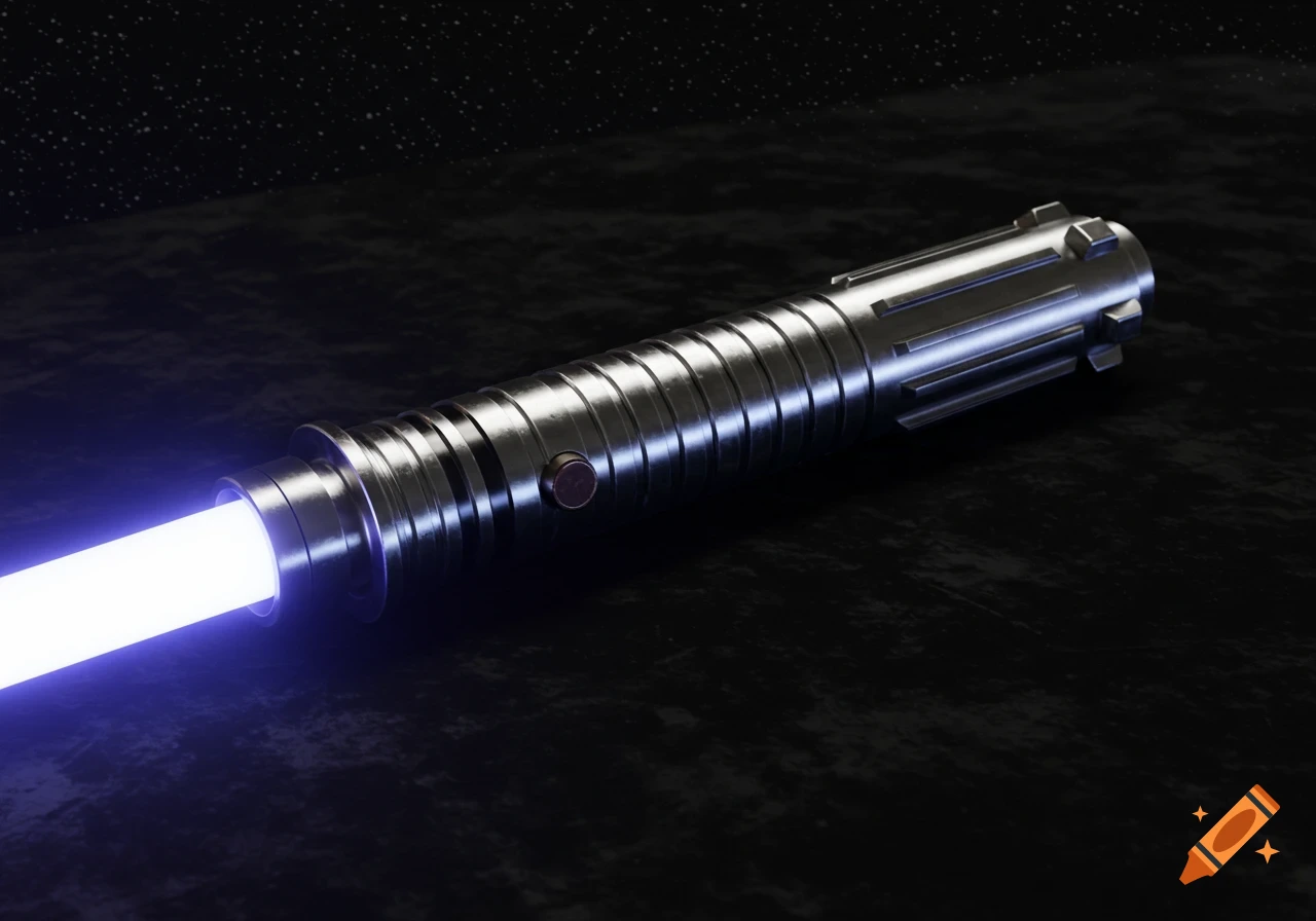 A close-up of a detailed silver lightsaber hilt with a glowing white blade, set against a dark, starry background.