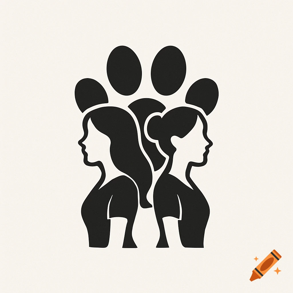 A black and white logo with two female silhouettes back to back, superimposed against a large paw print.
