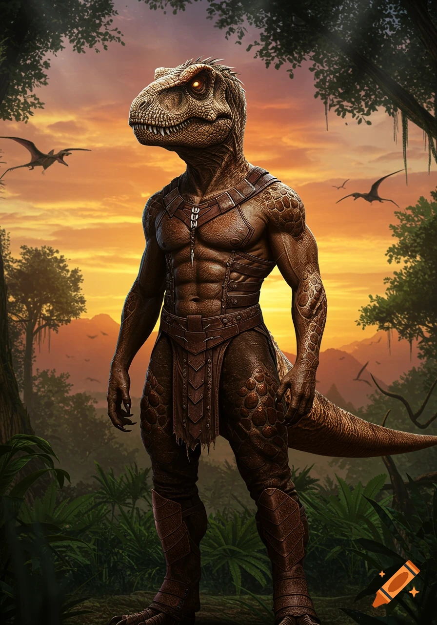A muscular T-rex humanoid in leather armor stands in a jungle at sunset with pterosaurs flying in the distance.