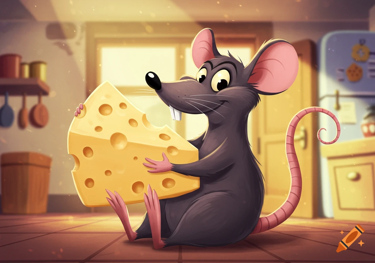 A happy cartoon rat sits on a kitchen floor, holding a large wedge of Swiss cheese with a bite taken out of it.