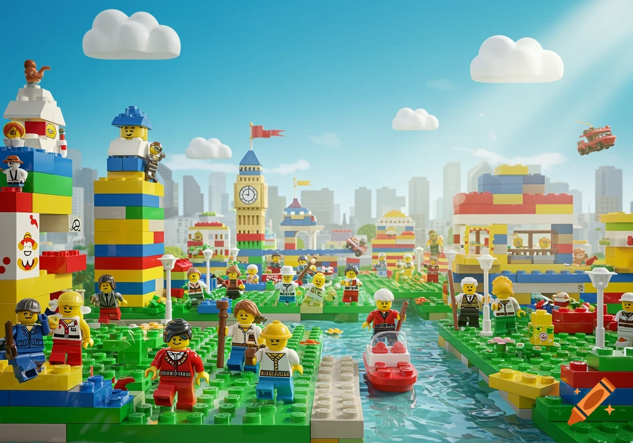 A colorful, photorealistic Lego city scene with minifigures, buildings, a river, and floating clouds under a bright blue sky.